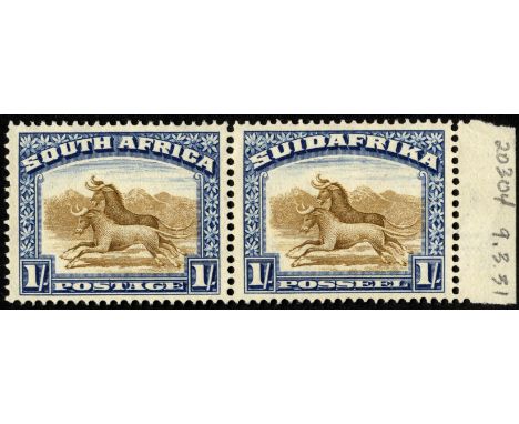 South Africa. 1927-30 London 1/-s, six right-marginal pairs each with order number and date, from the Bardbury Wilkinson Arch