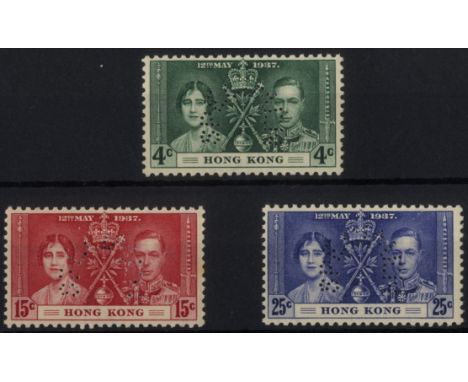 Hong Kong. 1937 Coronation set of three perforated SPECIMEN Type B9, mint, light toning; 15ct with a couple of foxed spots an
