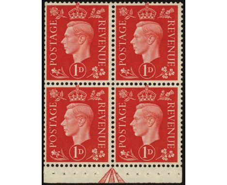 Great Britain. 1940 1d scarlet booklet pane of four with watermark sideways, unmounted mint with margin at base showing centr