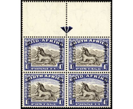 South Africa. Officials. 1953 1/- blackish brown and ultramarine mint top arrow block of two pairs, hinged on selvedge only. 