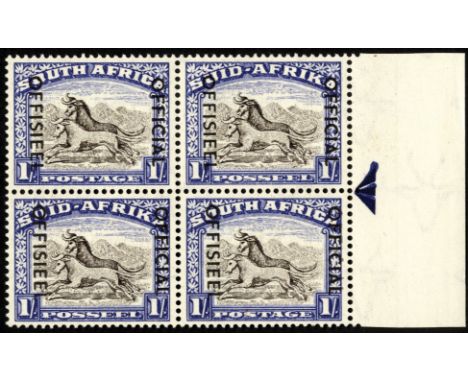 South Africa. Officials. 1953 1/- blackish brown and ultramarine mint right arrow block of two pairs, hinged on top pair only