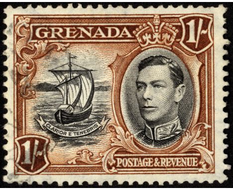 Grenada. 1941 1/- perf 13_ x 12_ used with R1/6 extra window and broken handrail, one nibbled perf at top right otherwise fin