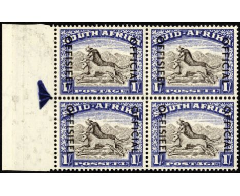 South Africa. Officials. 1953 1/- blackish brown and ultramarine mint left arrow block of two pairs, hinged on top pair only.
