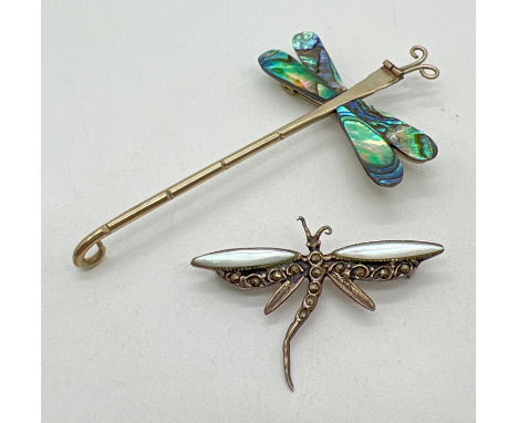 2 silver dragonfly brooches. A Mexican silver brooch with wings set with abalone shell together with a small vintage silver b