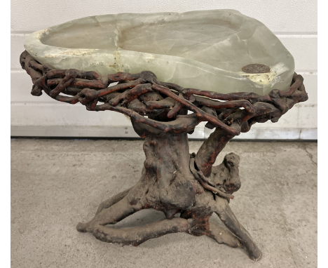 A vintage Chinese carved fluorite topped table on a gnarled tree root base. With stepped table top. Approx. 52cm tall and wei