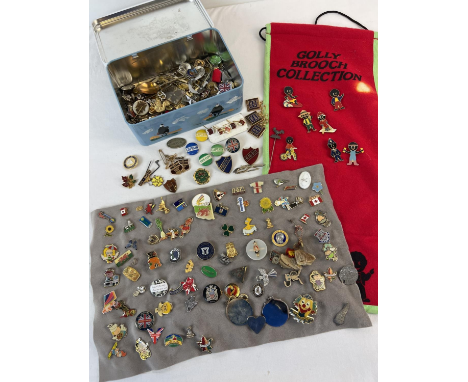 A large collection of pin badges, lapel badges and stick pins. To include Robertson's Golly, Prefect and Head Boy, Novelty, T