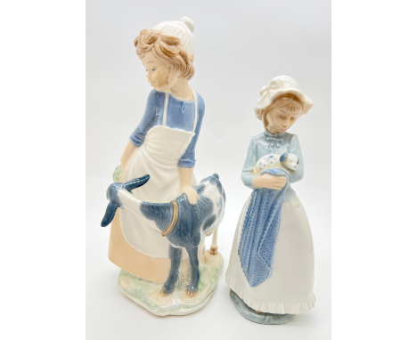 2 large Nao Spanish ceramic figurines. Girl with Goat (approx. 30cm tall) together with a girl holding a puppy (approx. 25cm 