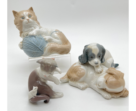 3 Nao &amp; Lladro ceramic figurines of cats and dogs. A Lladro Cat &amp; Mouse figurine together with 2 Nao figures - Cat wi