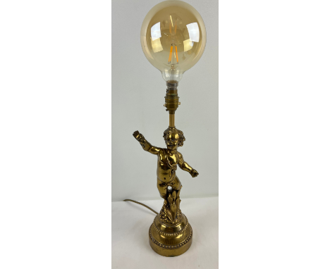 A vintage French gilt cast metal cherub table lamp. With stepped style base and floral detail. Approx. 43cm tall including bu