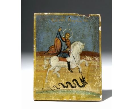 Russia, ca. 19th century CE. A petite icon created for the home, delineated in egg tempera on wood, depicting Saint George at