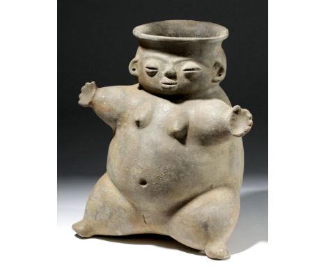 Pre-Columbian, Colombia, Tairona region, ca. 1000 to 1550 CE. A charming large pottery effigy jar in the form of a pregnant w