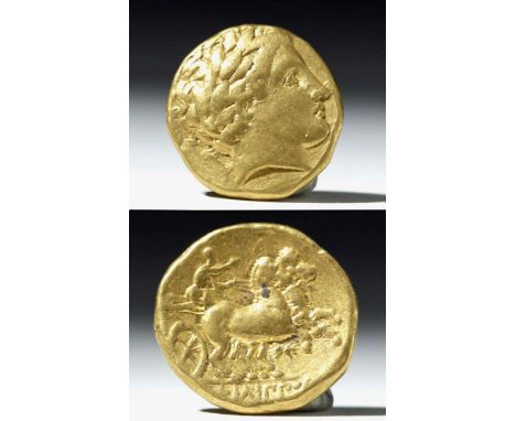 Greek/Macedon, Philip II, 359 to 336 BCE. AV stater (8.5 grams). Laureate head of Apollo to right. Rev. Charioteer driving ch