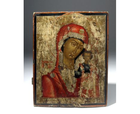 Russia, ca. 19th century CE. Beautifully painted in egg tempera and gold leaf, this wood Russian icon presents the Virgin Hod