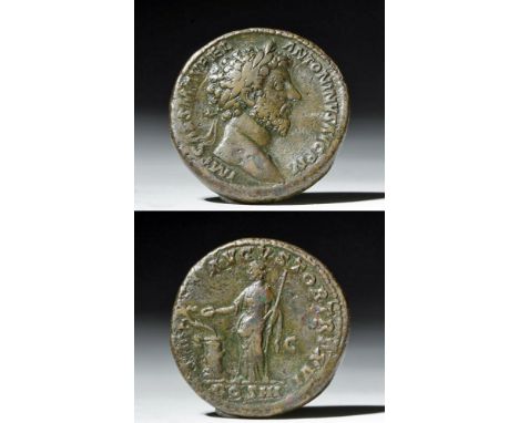 Roman, Imperial Period, Rome Mint, Marcus Aurelius, ca. 161 to 180 CE. AE sestertius (26.7 g). On the obverse, laureate and b