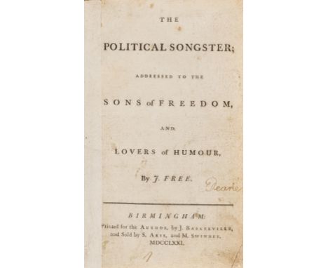 [Freeth (John)], "J. Free". The Political Songster, addressed to the sons of freedom and lovers of humour, title mounted on s