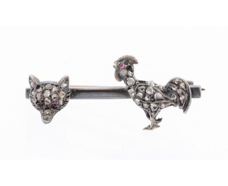 Hunting Interest-  a diamond and 18ct white gold bar brooch featuring a fox and cockerel, set with rose cut diamonds and ruby