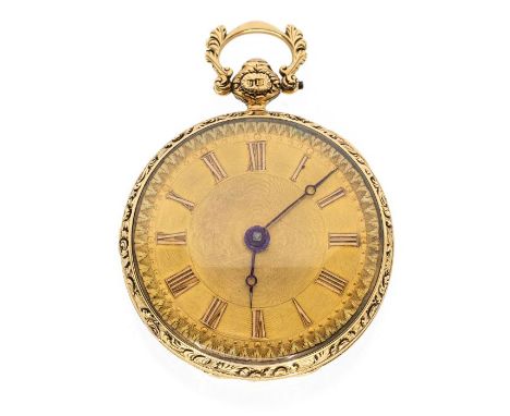 A late Georgian Wymark 18ct gold open faced pocket watch, gilt dial with applied numeral markers, dial approx 38mm, the domed