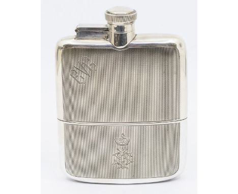 Malaysian Royal Interest: Sultan of JohorAn early 20th Centurypresentation engine turned silver hip flask with detachable cup