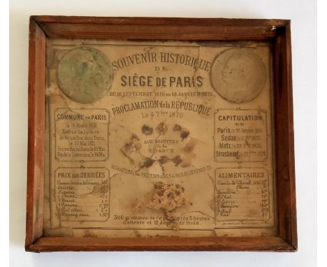 A French 19th century framed souvenir of the Siege of Paris and the proclamation of the Third Republic of France,  approx 14 