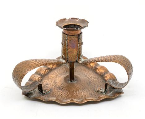 J&F Pool Ltd, Copper - an Arts & Crafts trefoil chamber stick, triangular base, circular sconce raised on pillar, approx 12.5