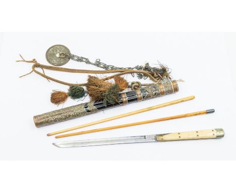 A 19th Century Japanese knife and chopstick set, one chopstick and the knife with silver metal mounts, the bamboo formed scab