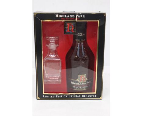 A Bottle Of Highland Park 12 Year Old Scotch Whisky With Crystal Decanter In Boxed Gift Set Bottle Is Sealed And Measures Int
