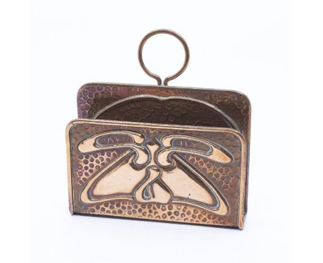 J&F Pool Ltd, Copper - an Arts & Crafts rectangular letter holder, decorated with sinuous lines to front and rear panel, hang