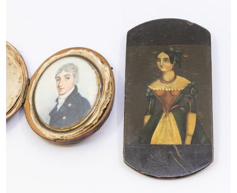 A 19th Century Indian lacquered shaped oval holder, one side painted with a portrait of a Lady, the other side with interior 