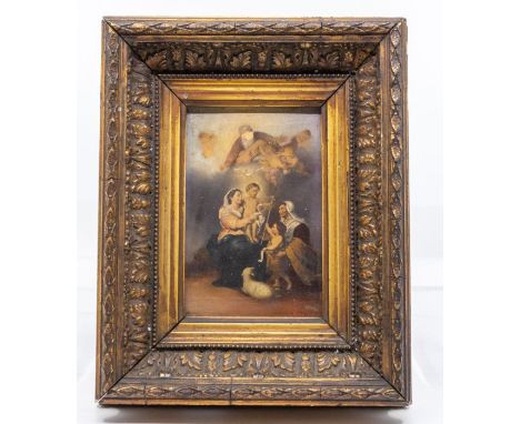 In the manner of Bartolome Esteban Murillo, The Holy Family, oil on panel, 13.5 x 9cm, framed Provenance: Vendors mother inhe