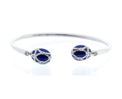 Faberge- an 18ct white gold and enamel Palais Yelagin Royal blue bangle, comprising an open ended bangle with egg shaped term