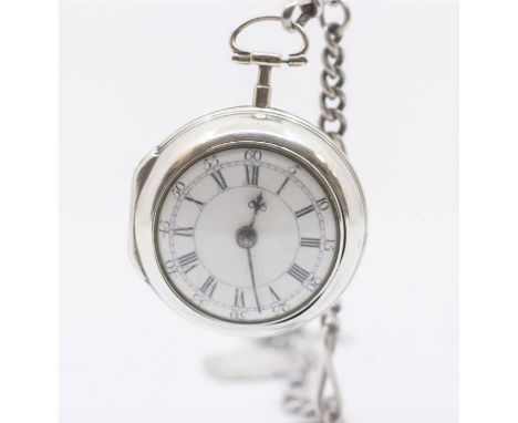 A George III silver pair cased open faced pocket watch by John Gilkes of Shipston, white enamel dial with Roman Numerals and 