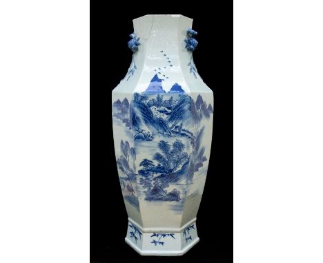 A Chinese blue and white porcelain hexagonal panelled vase, Qing Dynasty 19th century, painted with a Song scroll style exten