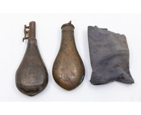 Two 19th Century gun powder flask, one with leather case embossed with a Huntsman on foot with hounds, maker's mark above and