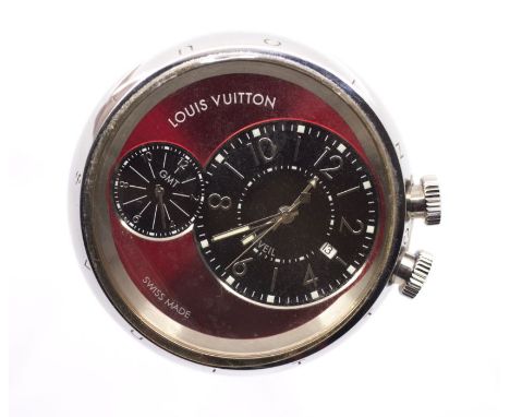 A Louis Vuitton Tambour GMT alarm clock, round dial with red surround, dual time zone dials in black, with applied baton and 