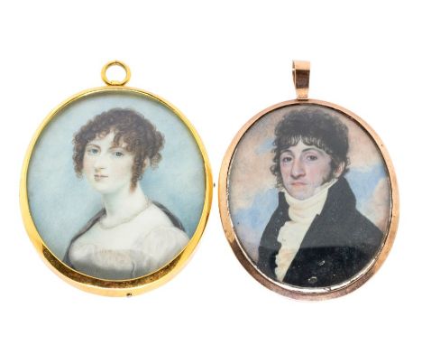 A 19th Century miniature portrait on ivory of gent with dark curly hair, in rose metal pendant frame, (glass detached) size a