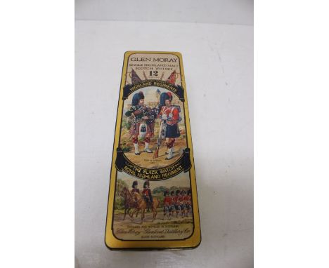 A Bottle Of Glen Moray 12 Year Single Malt Highland Scotch, In Highland Regiments The Black Watch Presentation Tin Tin Is In 