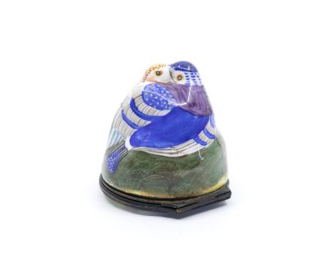 A late 18th to early 19th Century Bilston type enamel pill or patch box, in the form of a pair of love birds, the hinged cove
