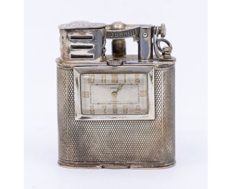 Dunhill - a George V unusual Dunhill silver novelty combination lighter/clock/timepiece, engine turned, set with a rectangula