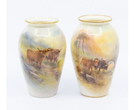 A matched pair of Royal Worcester pattern no: G461 ovoid vases, painted with Highland Cattle, one signed by H Stinton, green 