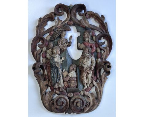 Unbekannte/r Künstler/in (wohl 17./18. Jahrhundert) "Der zwölfjährige Jesus im Tempel" mit den Gelehrten, Holzrelief, farbig 