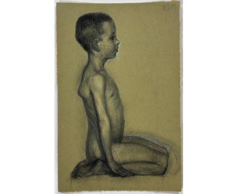 Unbekannte/r Künstler/in (19./20. Jahrhundert) "Sitzender Junge", Kohle- und Kreidezeichnung auf Karton, oben rechts monogram