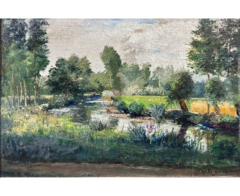 Borgmann, Resi (1861 Berlin - 1945 Baden-Baden) "Charpont sur Surennes France", französische Parklandschaft mit Brücke und Fl