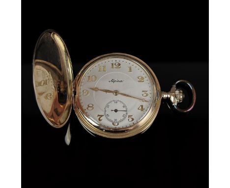 Taschenuhr "Alpina", um 1950, 585/14K Gelbgold (punziert), Zwischendeckel Metall, Gesamtgewicht 81g, Durchmesser ca. 49mm, We