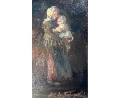 Unbekannte/r Künstler/in (19./20. Jahrhundert) "Mutter mit Kind", Öl auf Leinwand, unten rechts unleserlich signiert, 24x14,5