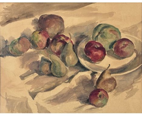 Unbekannte/r Künstler/in (19./20. Jahrhundert) "Obststillleben", Darstellung von Äpfeln und Birnen mit einer Schale, Aquarell