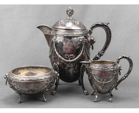 Kaffeekanne mit Milchkännchen und Zuckerschale, Silber 800 (punziert), Gesamtgewicht 1140g, punziert mit Halbmond und Krone, 