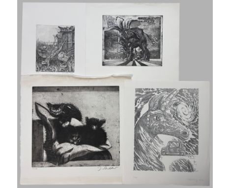 Konvolut Surreale Darstellungen, 9 Stück, 20. Jahrhundert, Lithographien, Holzschnitte und Radierungen, bestehend aus Franz J