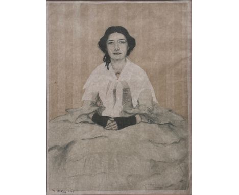 Unbekannte/r Künstler/in (um 1900) "Frauenportrait im Ballkleid", sitzende Frau mit frontalem Blick und im Schoss gefalteten 