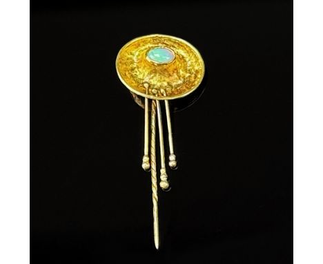 Opal Anstecknadel, 750/18k Gelbgold (getestet), 2,16g, oben ovaler kleiner Opal, Länge ca. 4cm