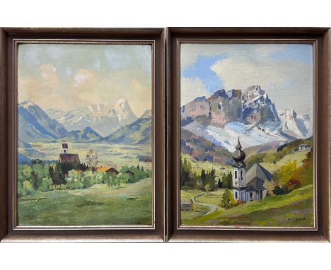 Unbekannte/r Künstler/in (20. Jahrhundert), zwei Werke "Maria Gern bei Berchtesgaden mit Watzmann" und "Dorfkirche mit Bergke